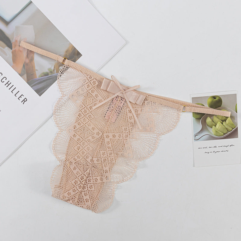 Thong Panty in shell-shaped lace trim, bow-decorated, skin-friendly, breathable, low-waist, thin-strap