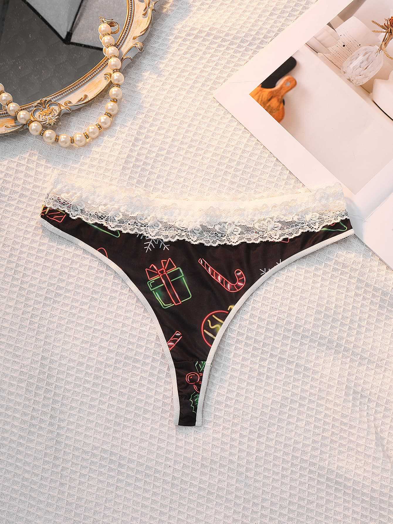 Christmas ladies panties thong, mid-waist breathable lace print contrasting briefs