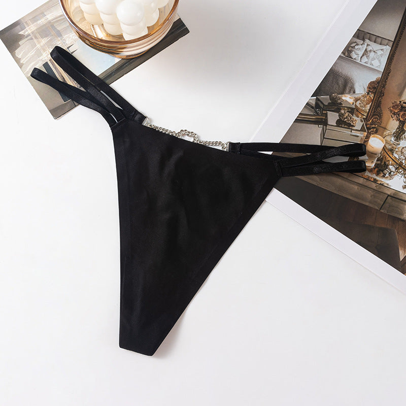 Elastic Double Waist Ribbon Diamond Love Chain Low Waist Sexy G-String Panty