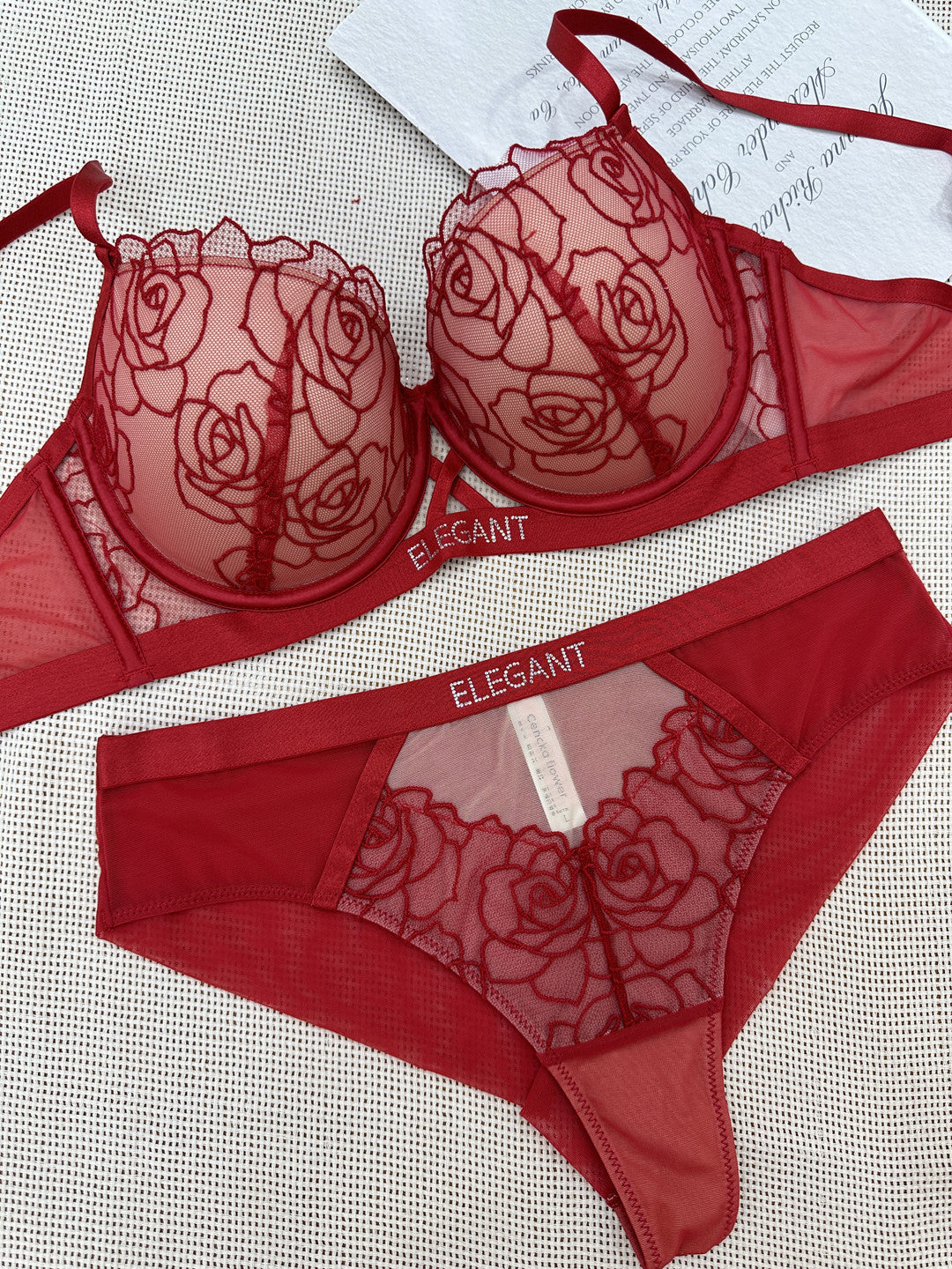 Rose lace cover with diamond text embellished bra set