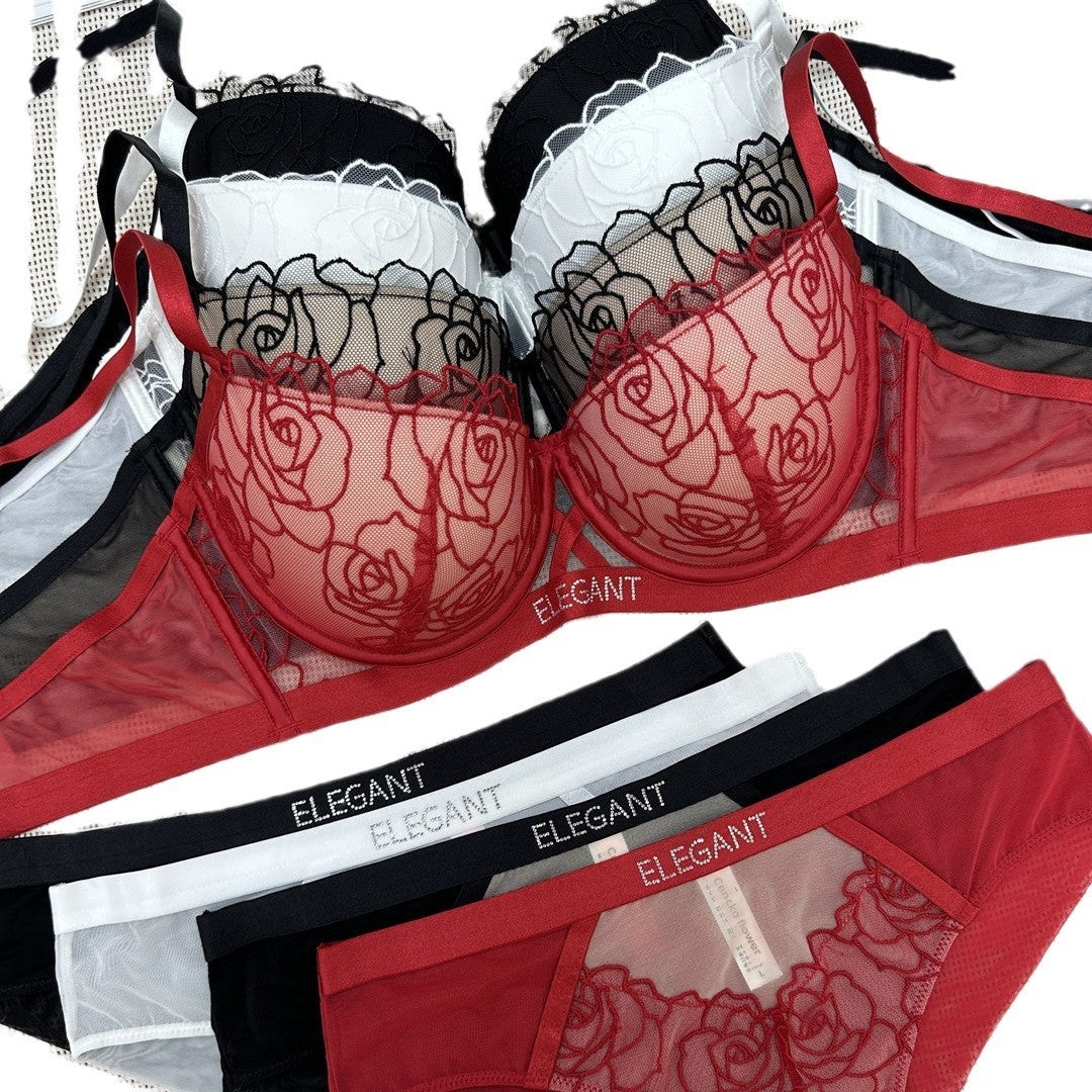 Rose lace cover with diamond text embellished bra set