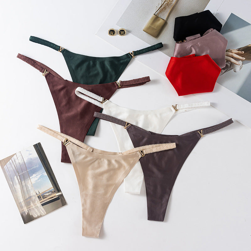 Ice silk nude seamless v-button low-rise Thong Panty