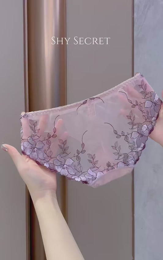 Purple Dream Blossoms: Breathable mesh panties with delicate embroidery